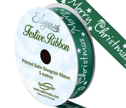 Eleganza Satin Grosgrain Merry Christmas Design No.359 Green 15mm x 5m - Christmas Ribbon